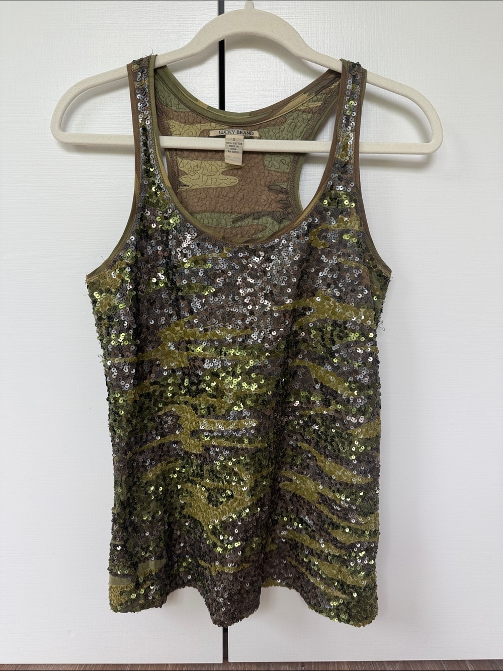 Lucky Brand Olive & Brown Sequin Camo Racerback Tank